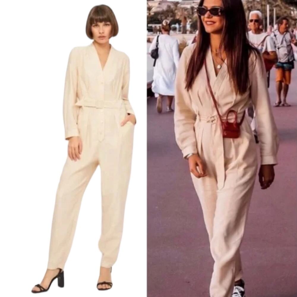 Zara Blogger Fave Jumpsuit Belted Button Front Long Sleeve Utility Cream NEW S
